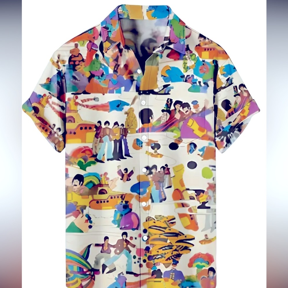 Psychedelic Beatles Art Button Up Shirt Rainbow Hippie Yellow Submarine album